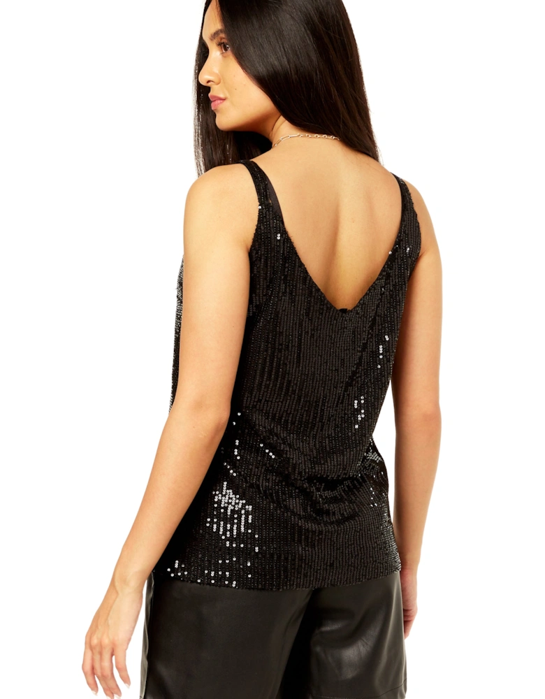 Black Sequin V Neck Cami Top