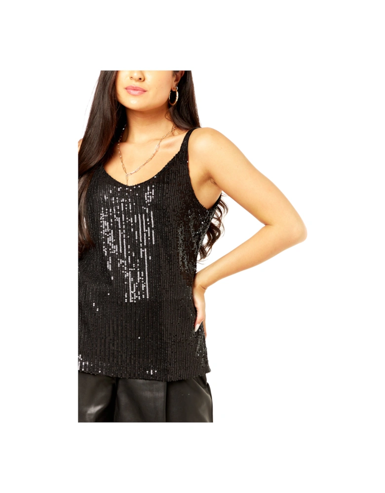 Black Sequin V Neck Cami Top