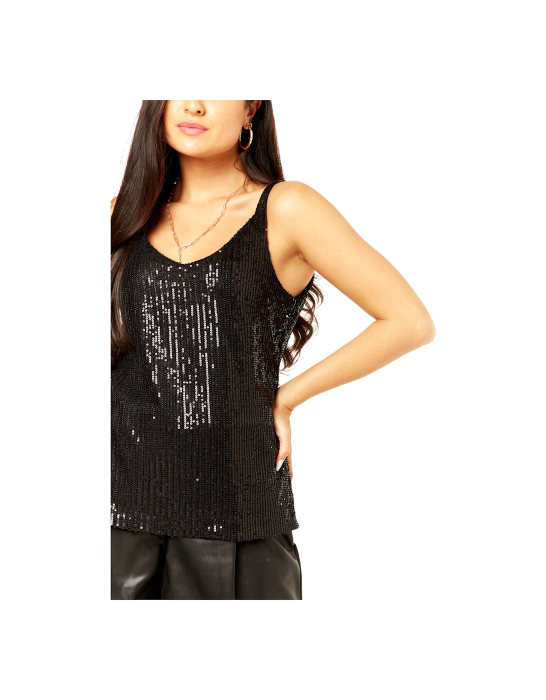 Black Sequin V Neck Cami Top