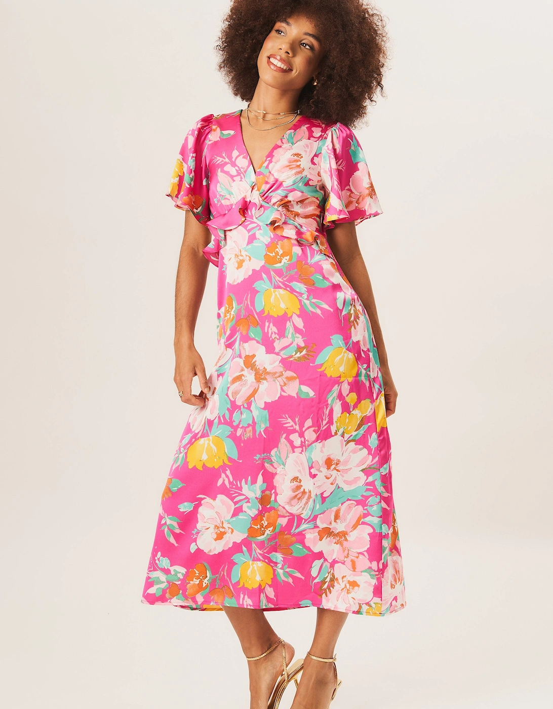 Pink Floral Print Angel Sleeves Midi Dress, 5 of 4