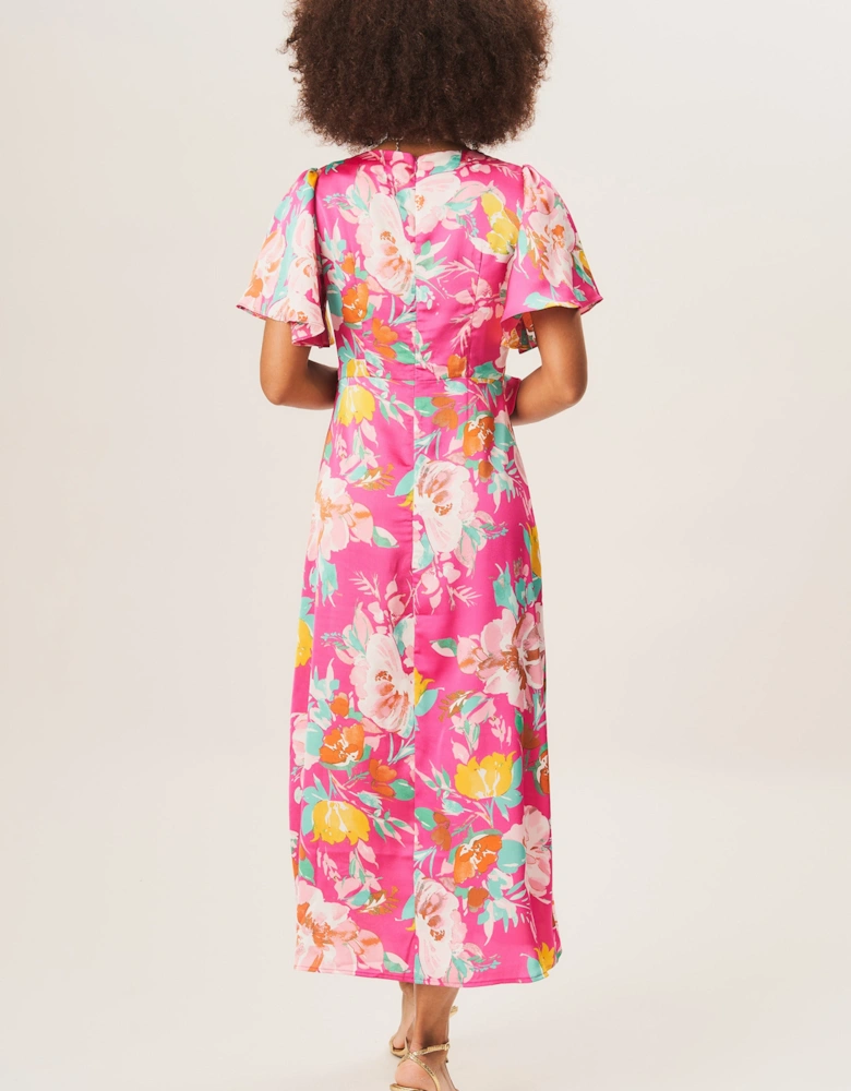 Pink Floral Print Angel Sleeves Midi Dress