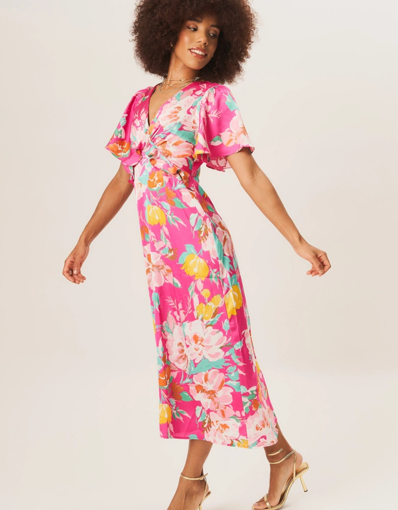 Pink Floral Print Angel Sleeves Midi Dress