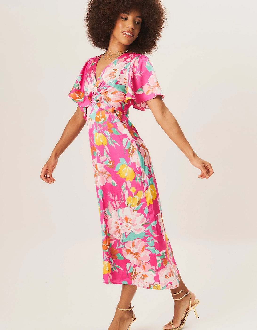 Pink Floral Print Angel Sleeves Midi Dress