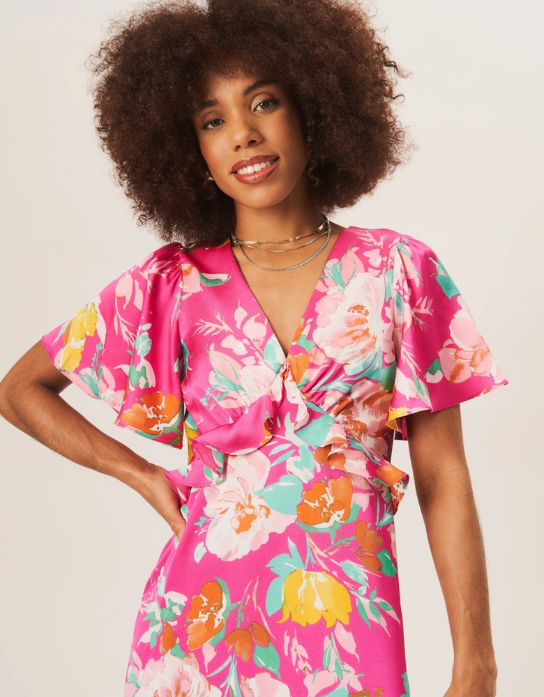 Pink Floral Print Angel Sleeves Midi Dress