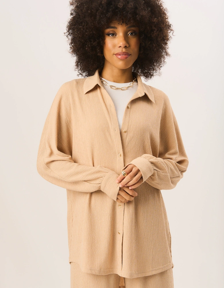 Camel Textured Oversize Fit Long Sleeves Shirt