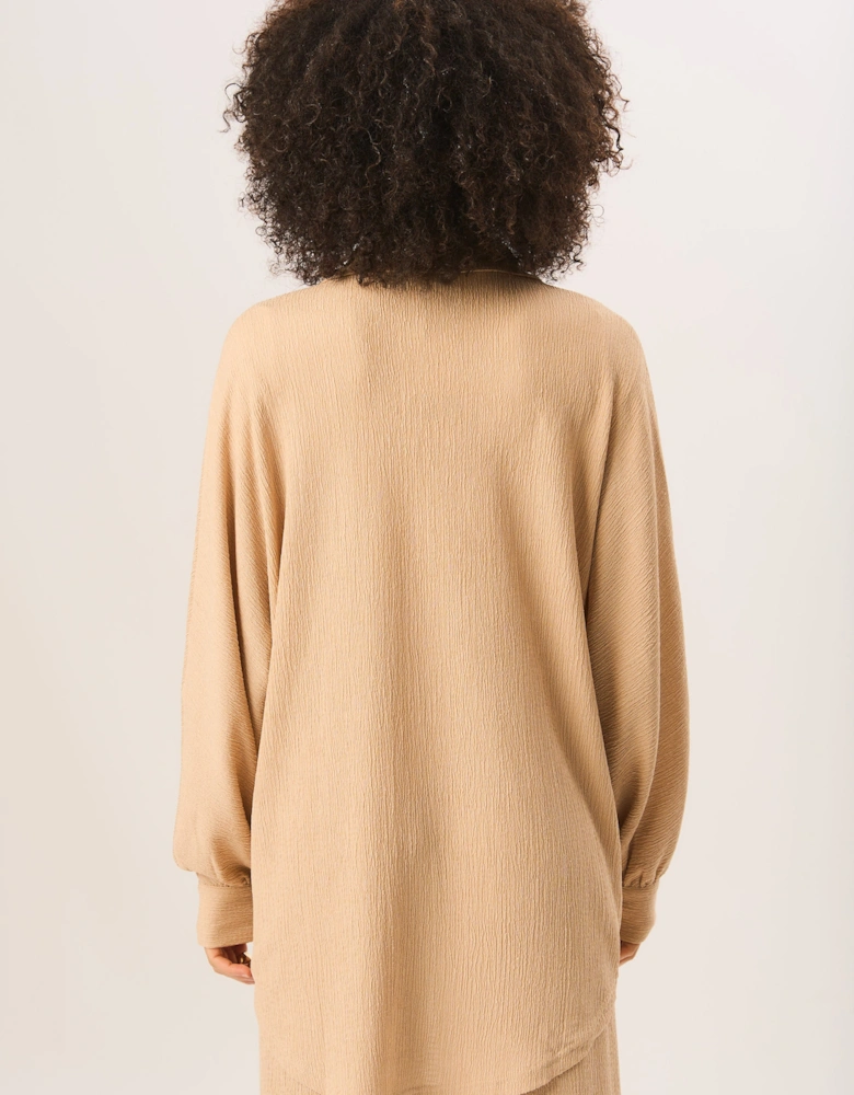 Camel Textured Oversize Fit Long Sleeves Shirt