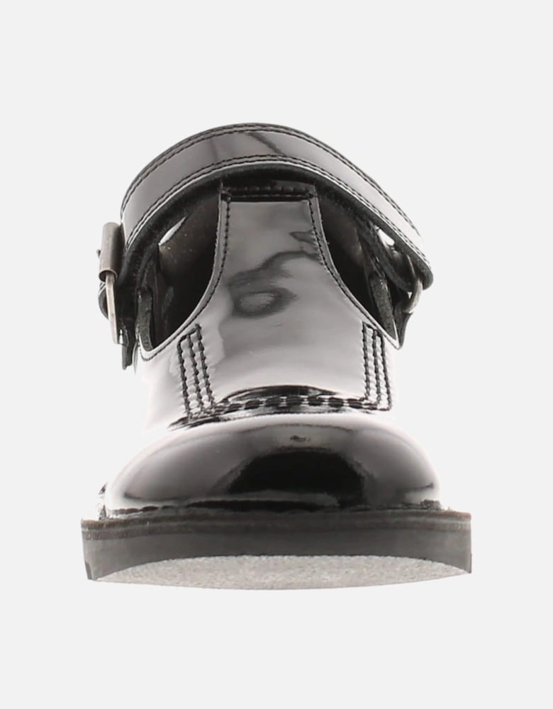 Girls School Shoes T Bar Leather Hook and loop black UK Size