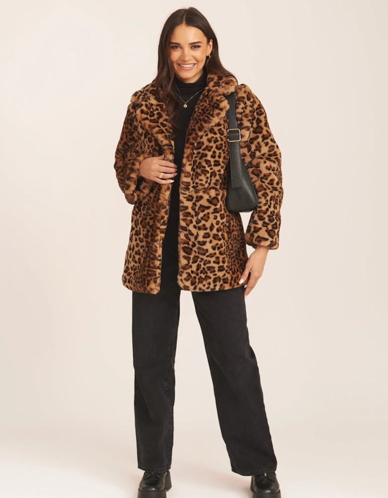 Brown Leopard Print Faux Fur Coat Jacket