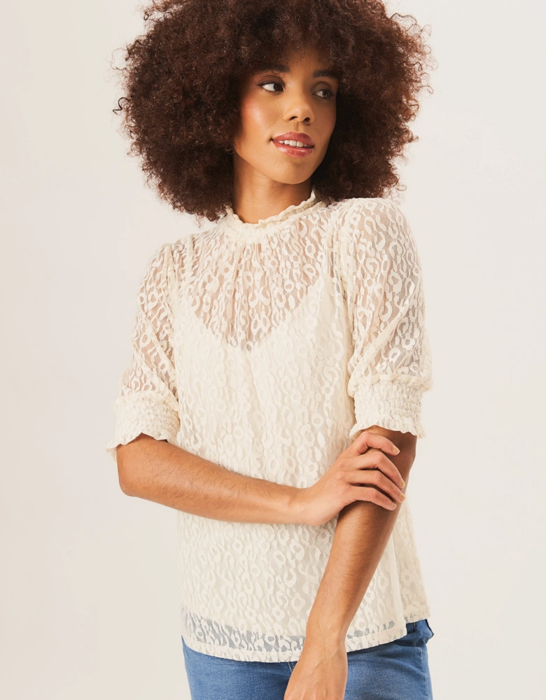 Cream High Neck Lace Loose Fit Blouse