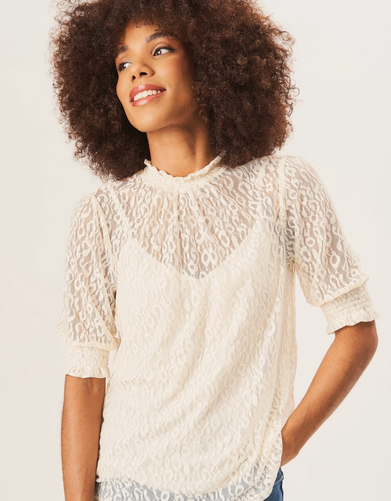 Cream High Neck Lace Loose Fit Blouse