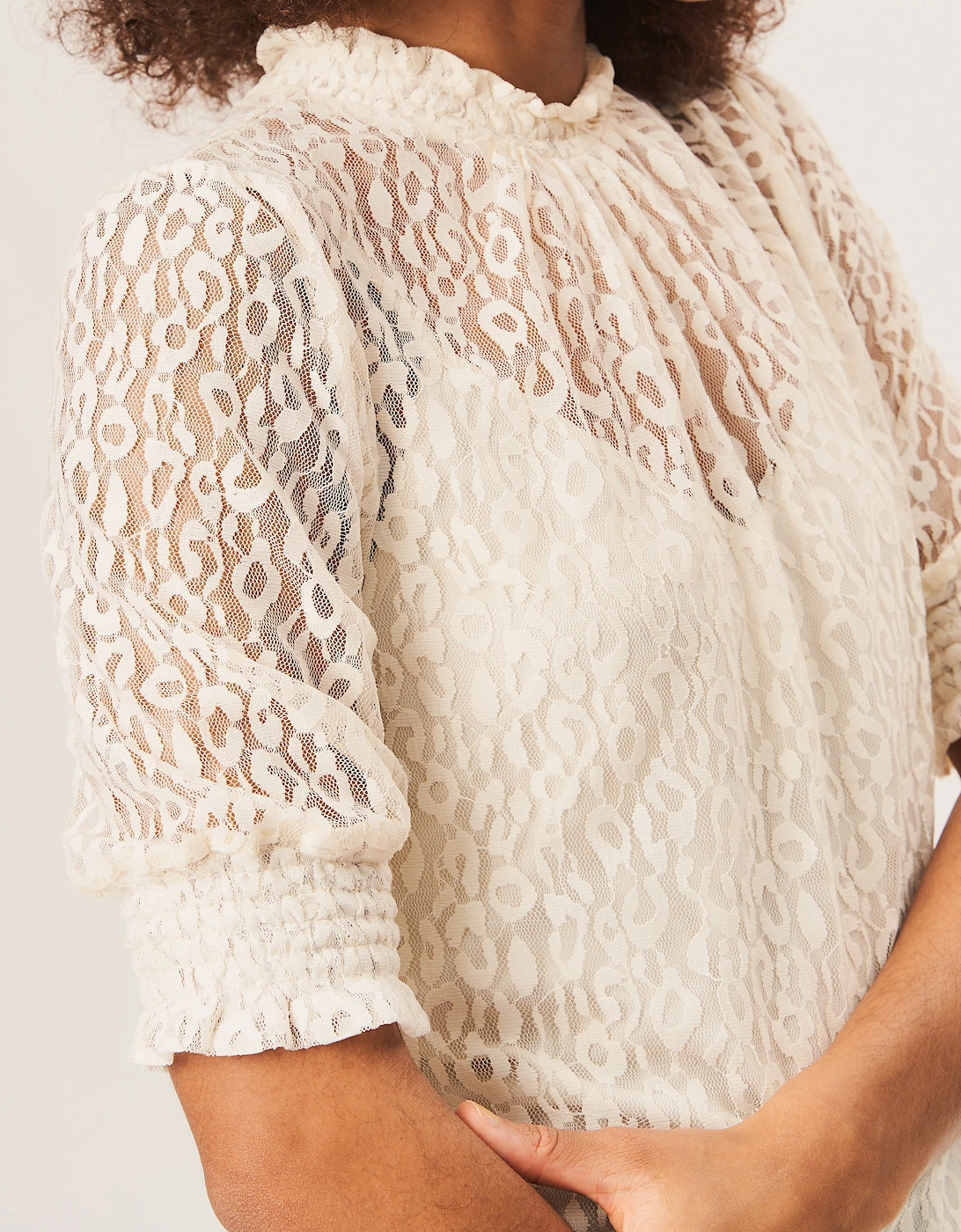 Cream High Neck Lace Loose Fit Blouse