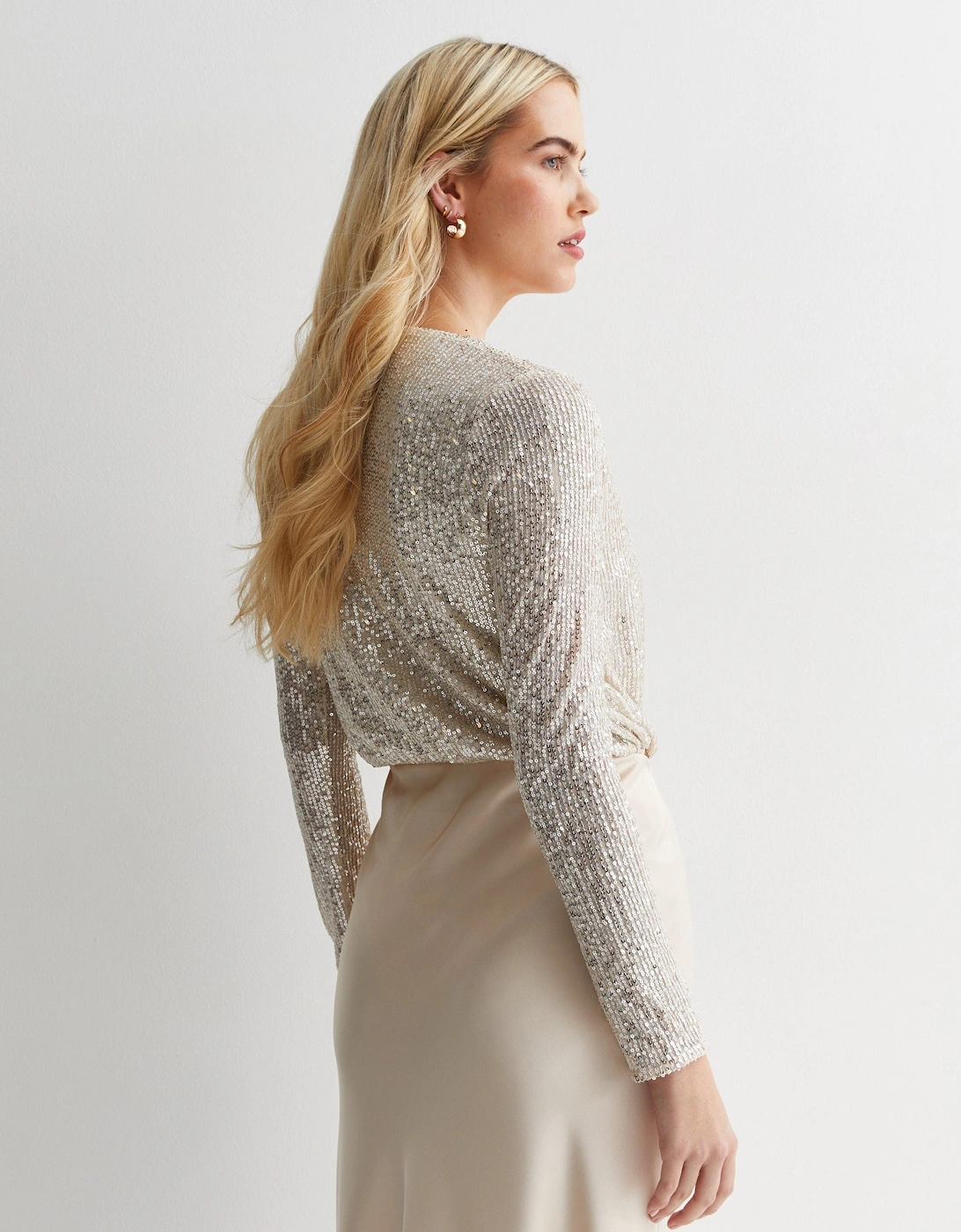 Beige Sequin Wrap Long Sleeves Bodysuit