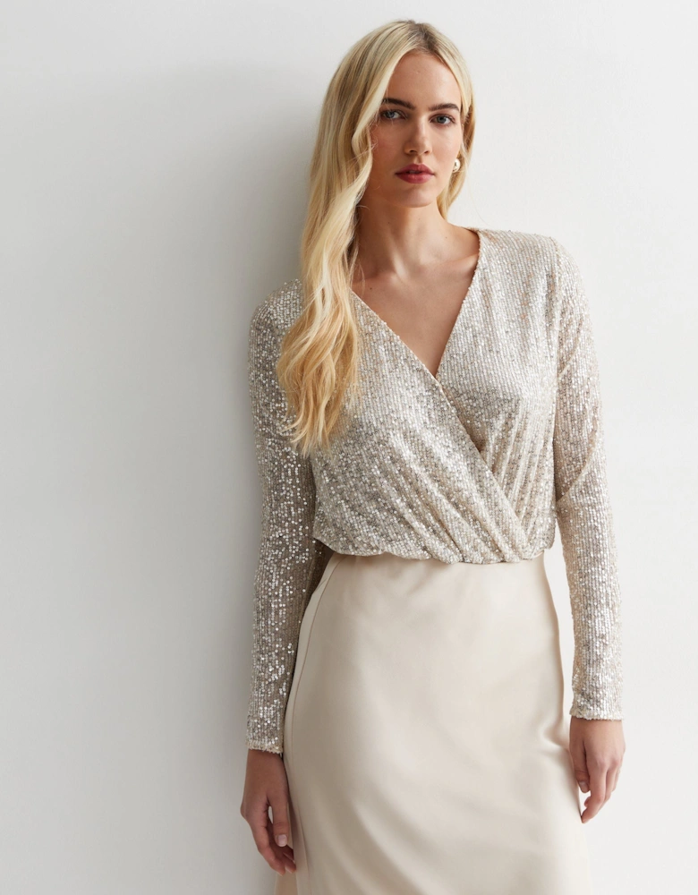 Beige Sequin Wrap Long Sleeves Bodysuit