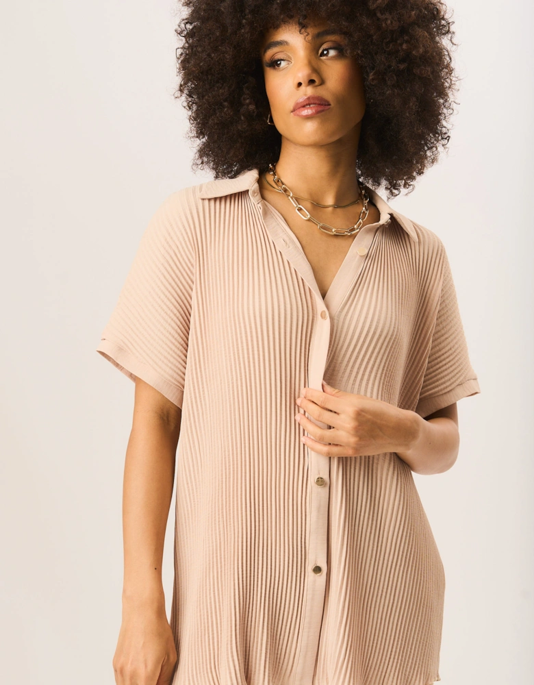 Beige Plisse Short Sleeve Oversized Shirt