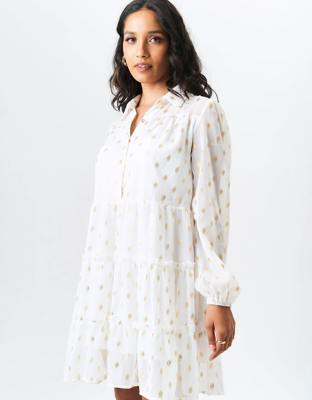 White Foil Print Smock Shirt Dress