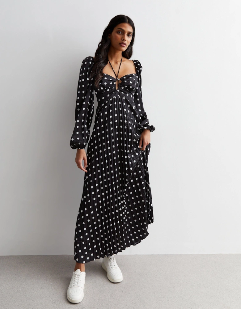 Black Polka Dot Pleated Cut Out Maxi Dress