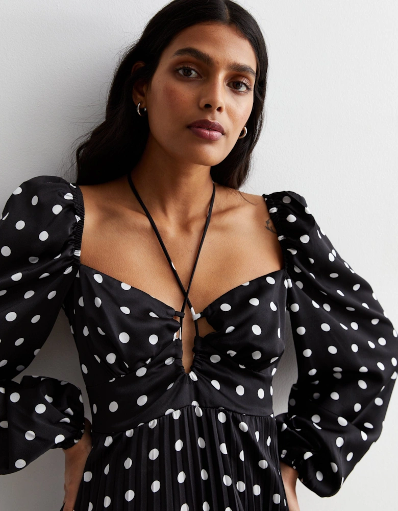 Black Polka Dot Pleated Cut Out Maxi Dress