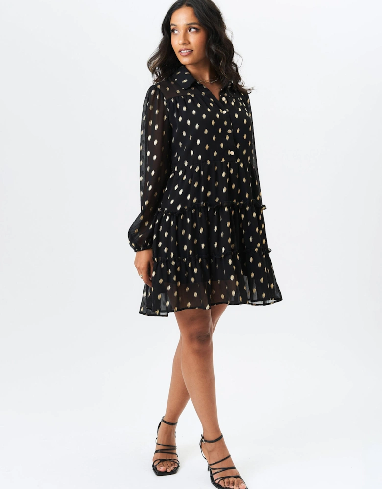 Black Foil Print Smock Shirt Dress