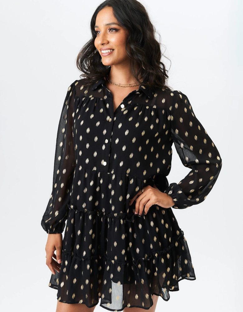 Black Foil Print Smock Shirt Dress
