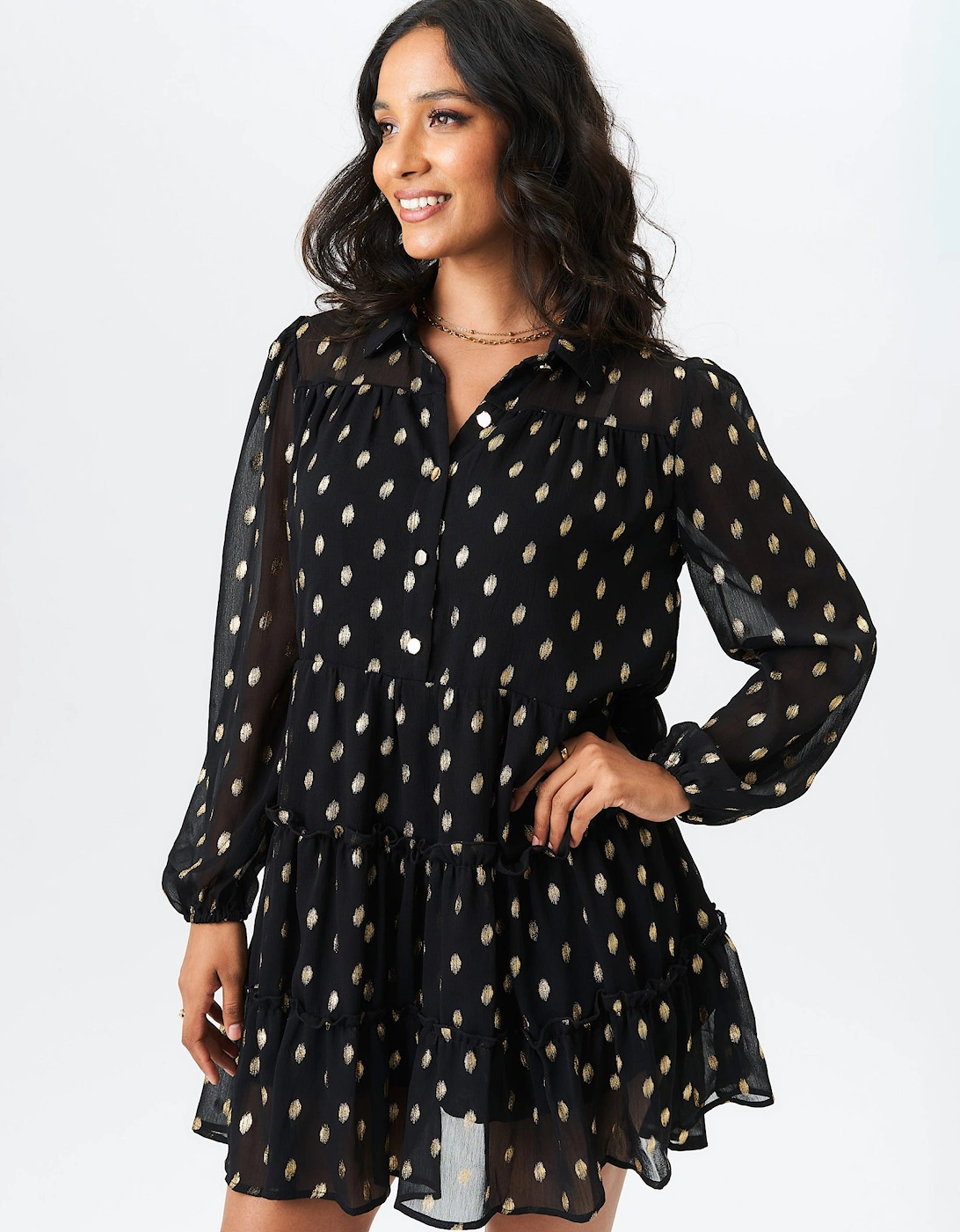 Black Foil Print Smock Shirt Dress