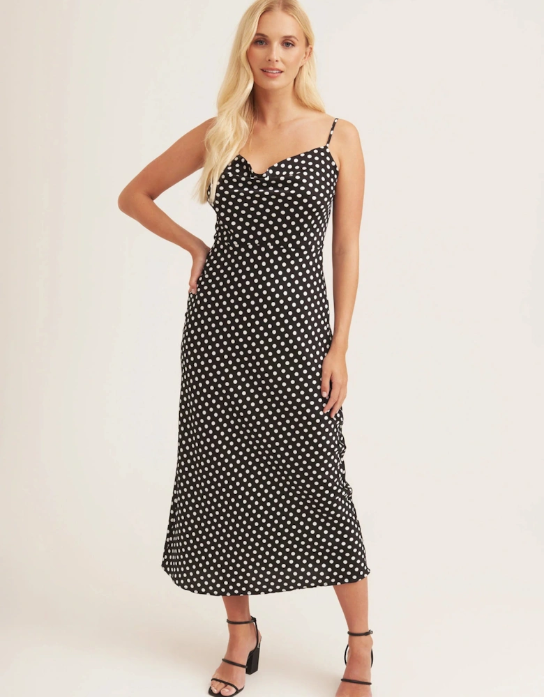 Black Polka Dot Cami Cowl Midi Dress