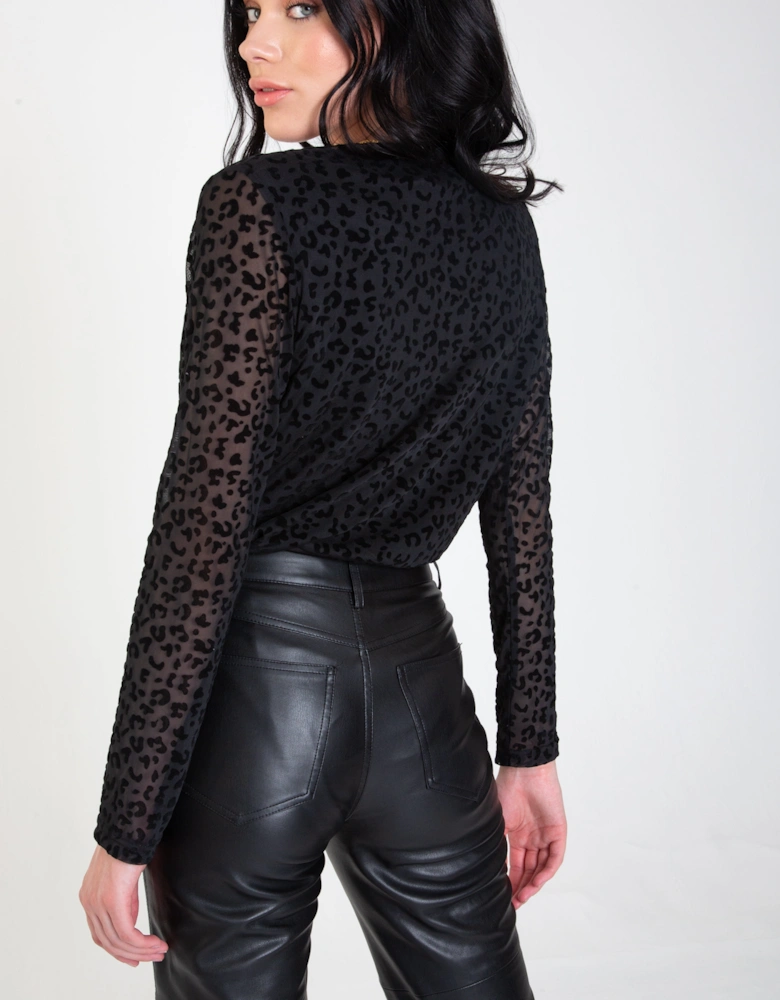 Black Animal Pattern Burnout Long Sleeve Bodysuit