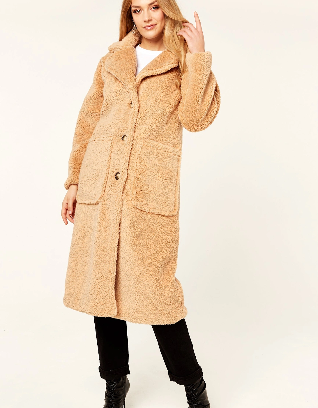 Gini London Women's Camel Longline Teddy Coat - Tan - Size: 10/12