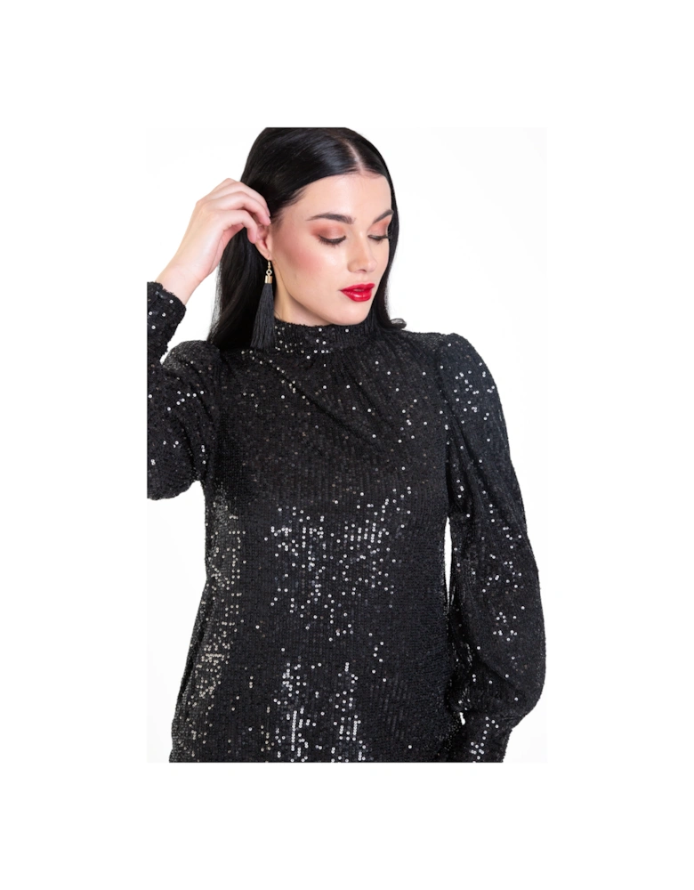 Black Sequin High Neck Loose Fit Blouse