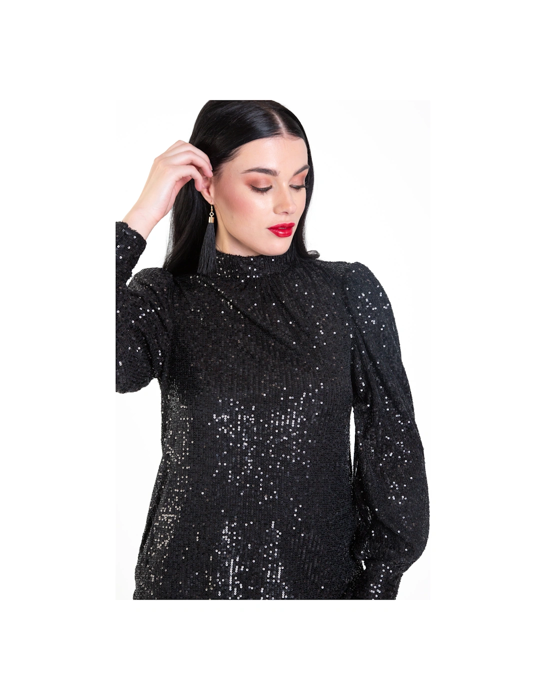 Black Sequin High Neck Loose Fit Blouse