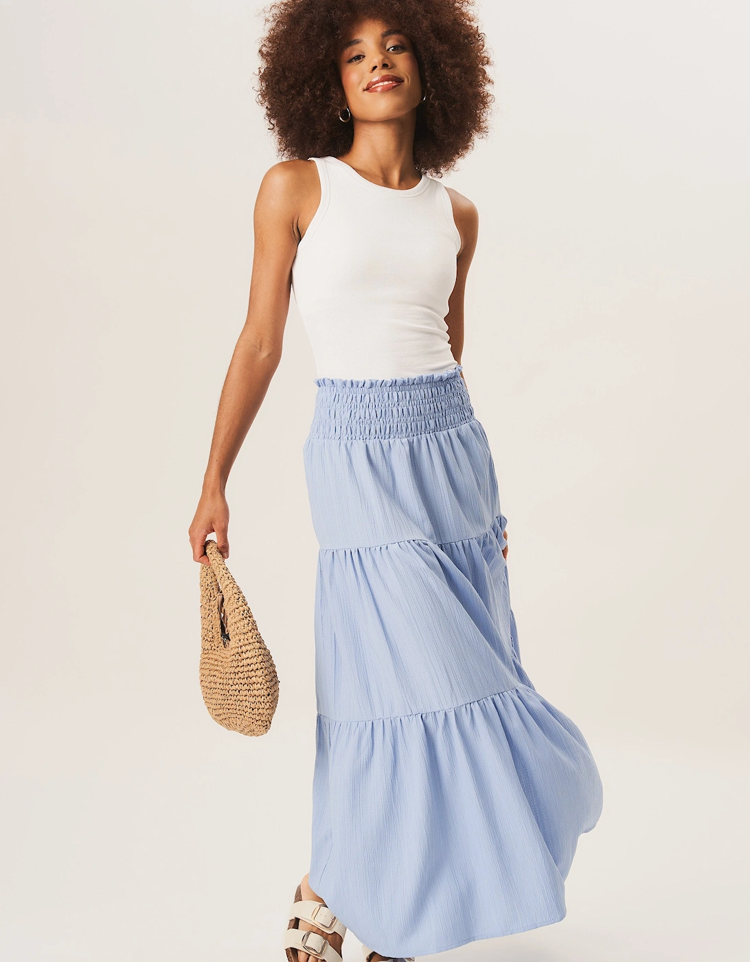 Blue Smocked Tiered Maxi Skirt