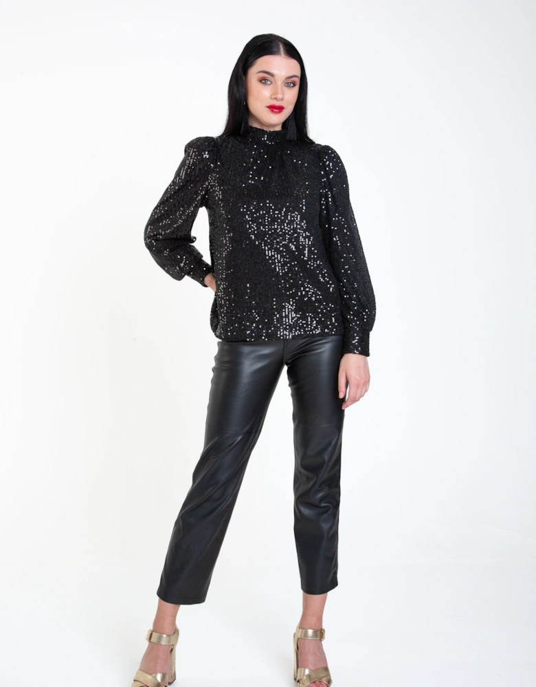 Black Sequin High Neck Loose Fit Blouse