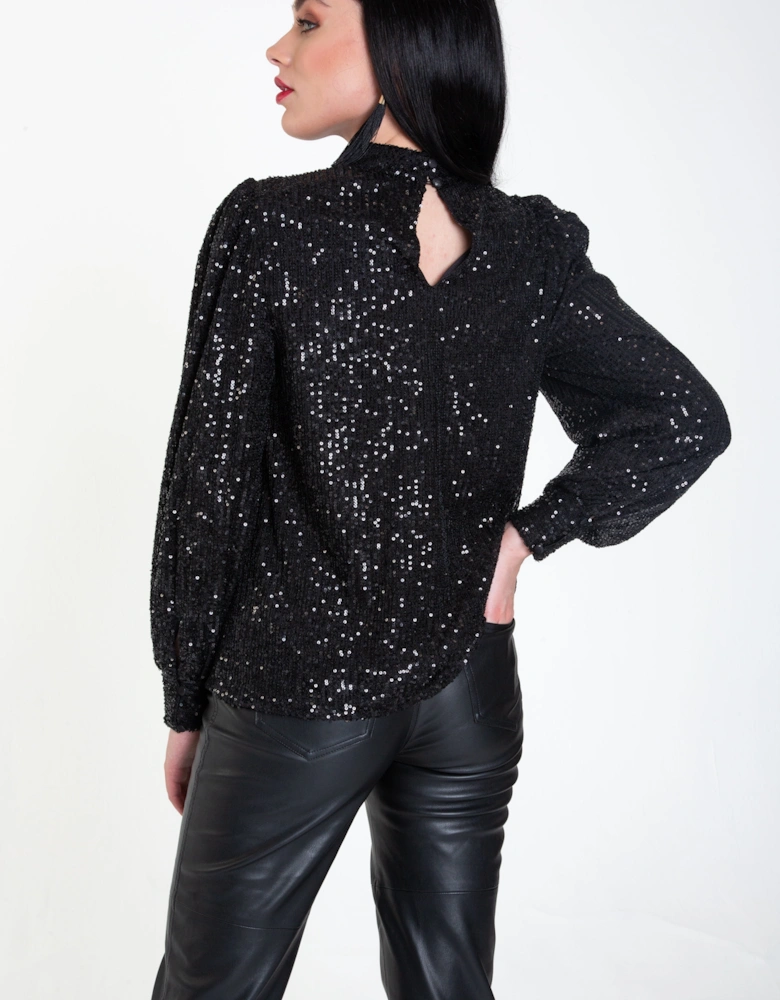 Black Sequin High Neck Loose Fit Blouse