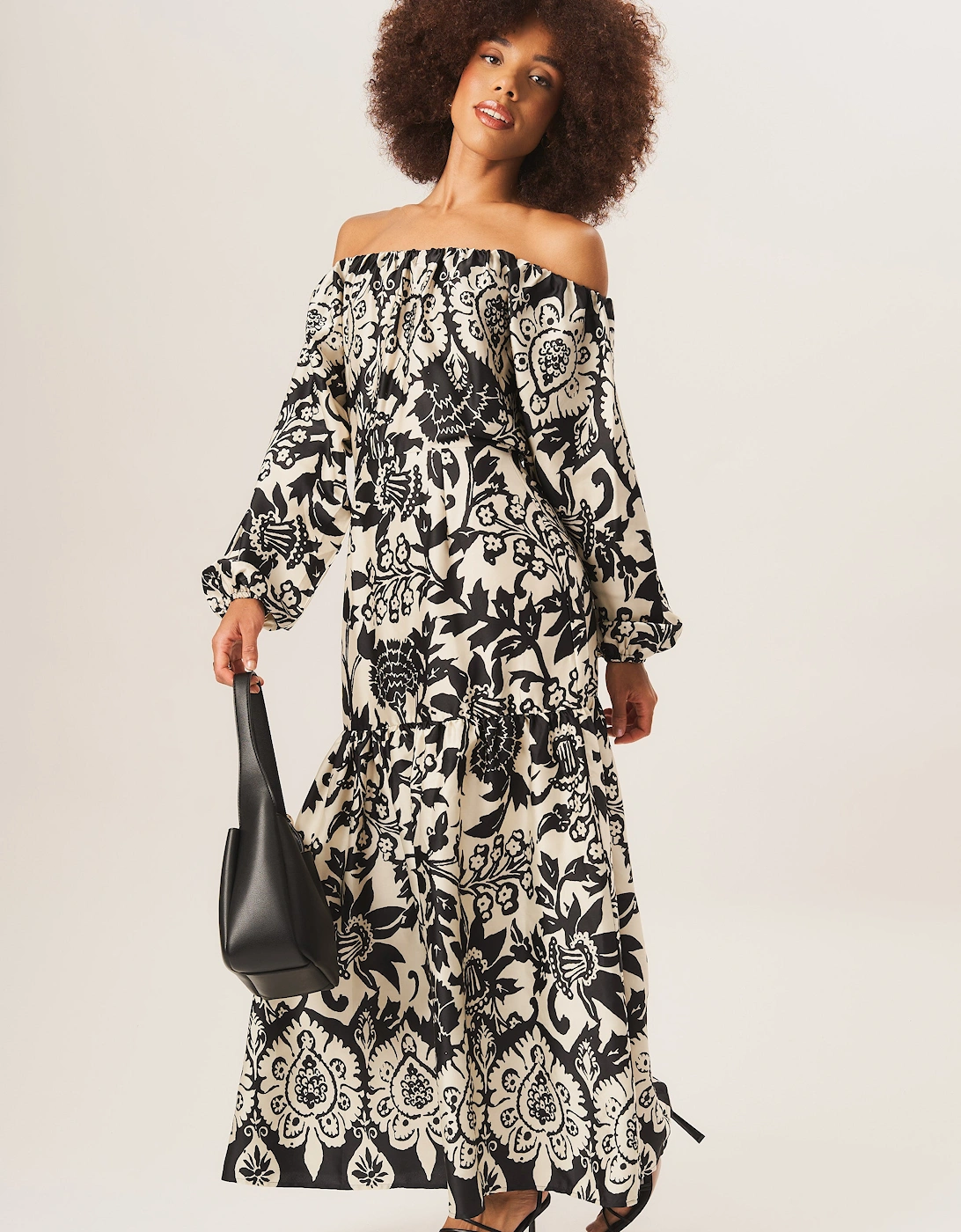 Mono Border Print Bardot Maxi Dress