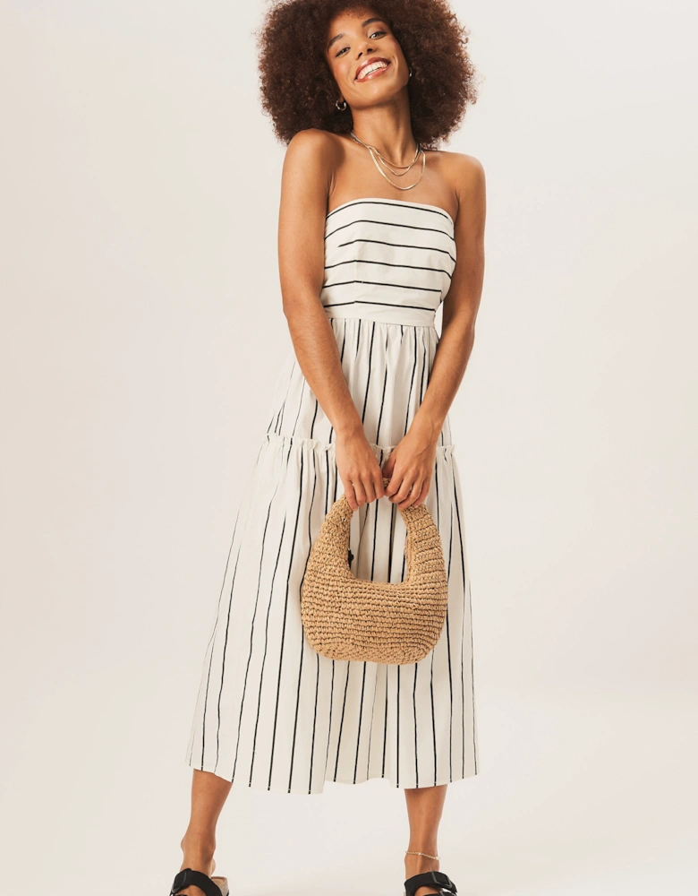 White Cotton Stripe Bandeau Skater Midi Dress