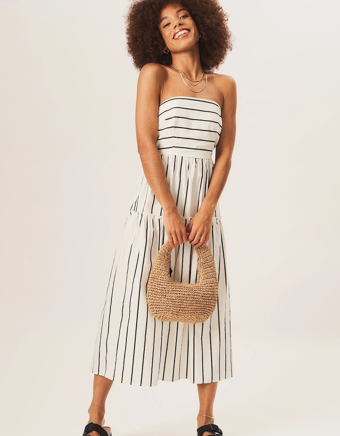 White Cotton Stripe Bandeau Skater Midi Dress, 5 of 4