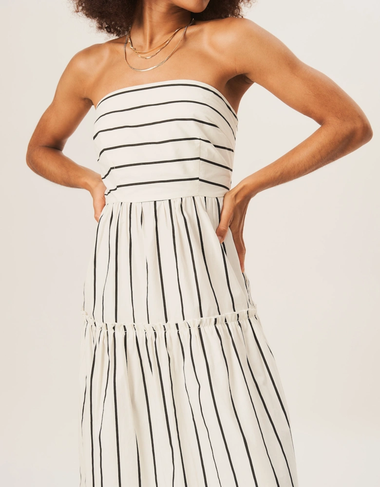 White Cotton Stripe Bandeau Skater Midi Dress