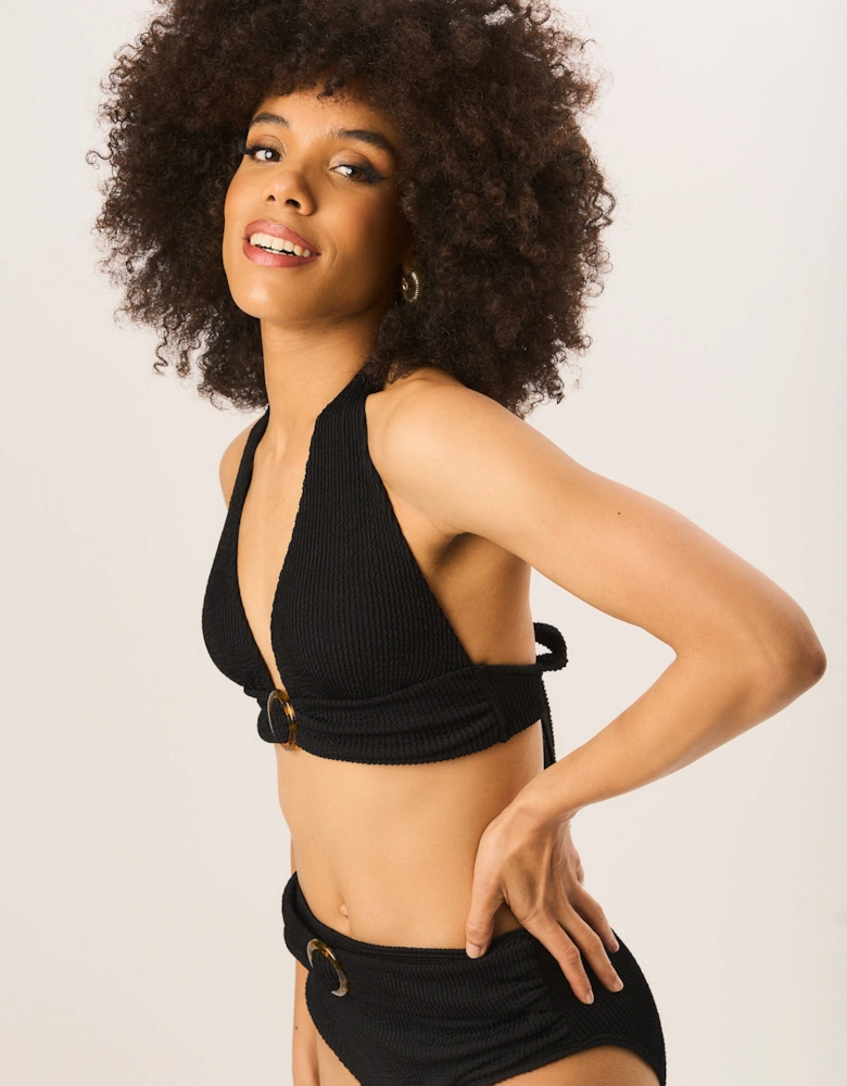 Black Textured Halter Bikini Top with Ring Detail
