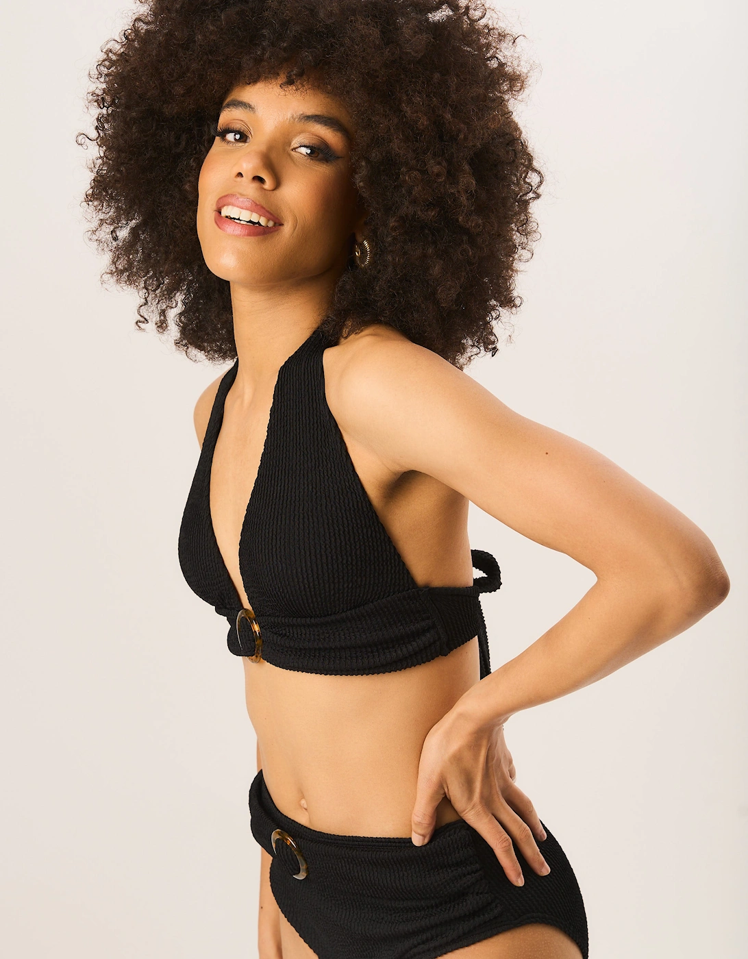 Black Textured Halter Bikini Top with Ring Detail