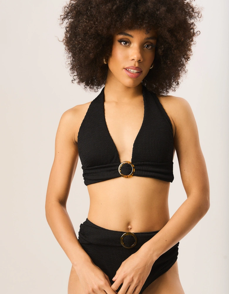 Black Textured Halter Bikini Top with Ring Detail