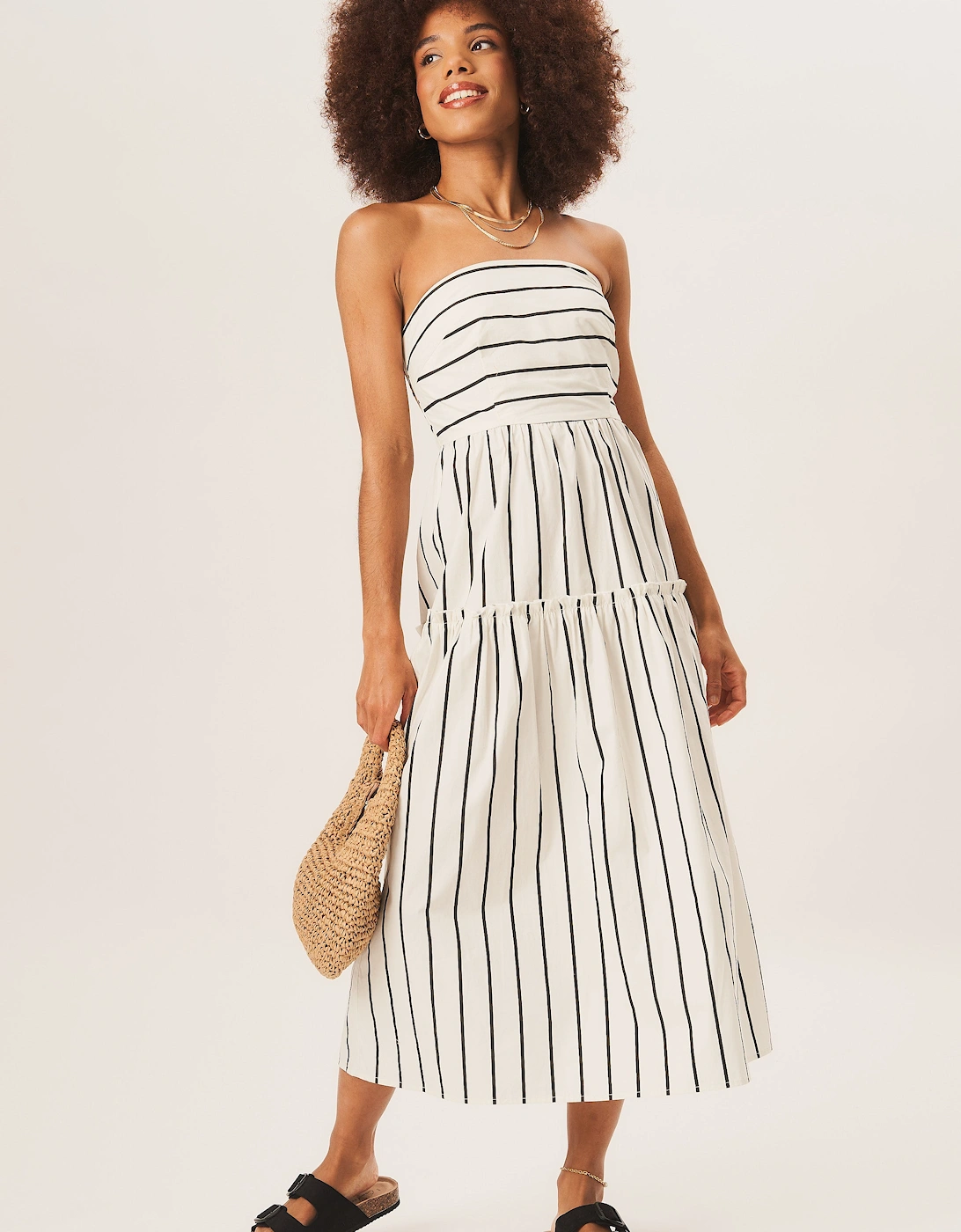 White Cotton Stripe Bandeau Skater Midi Dress