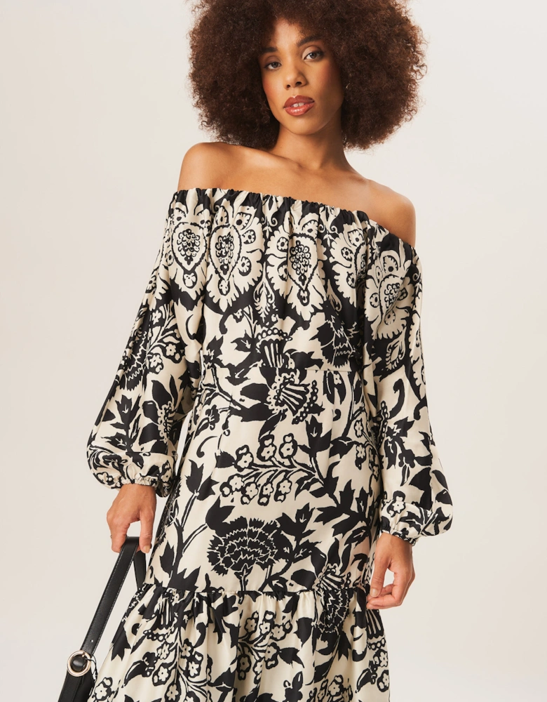 Mono Border Print Bardot Maxi Dress