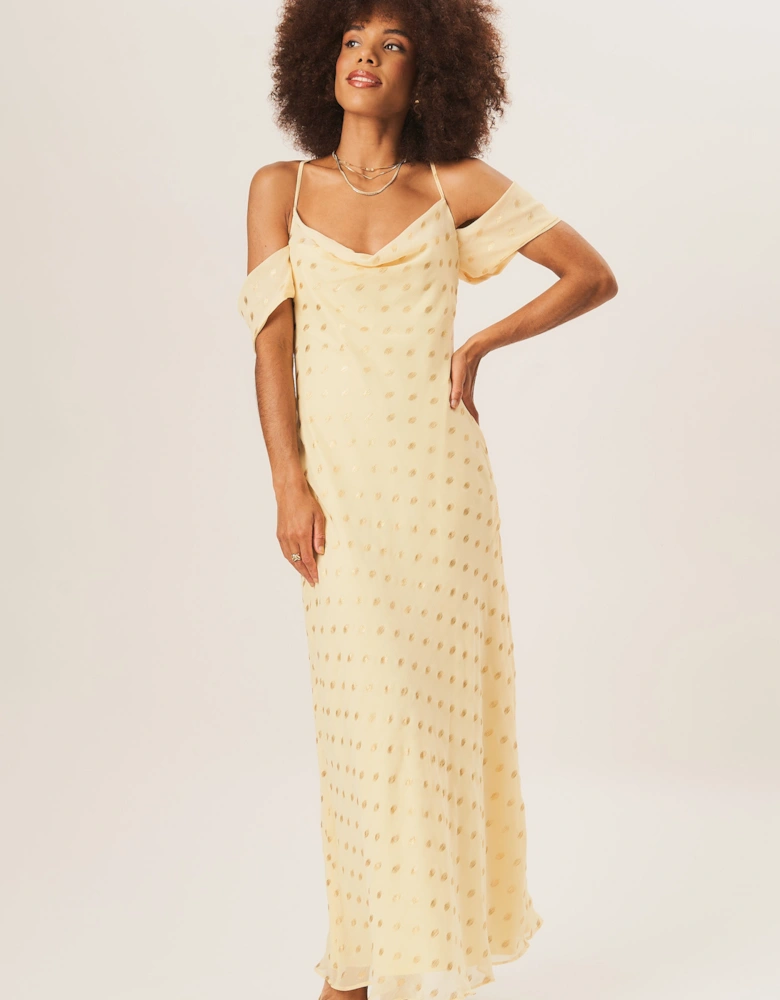 Yellow Cowl Neck Drop Sleeves Foil Maxi Dress