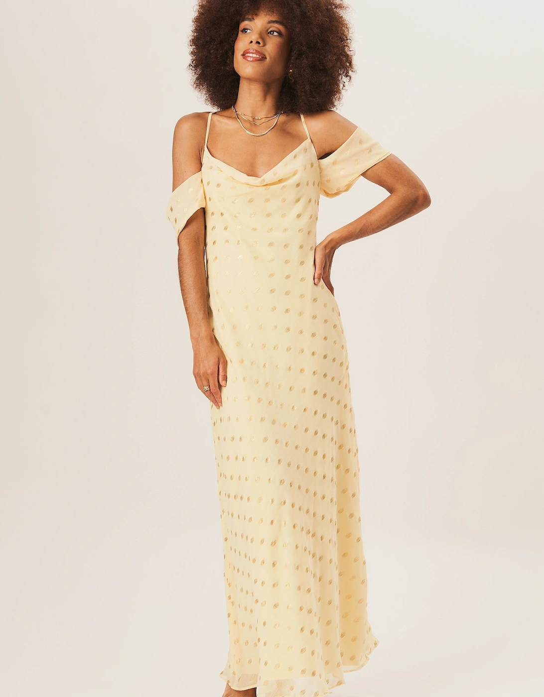 Yellow Cowl Neck Drop Sleeves Foil Maxi Dress, 5 of 4