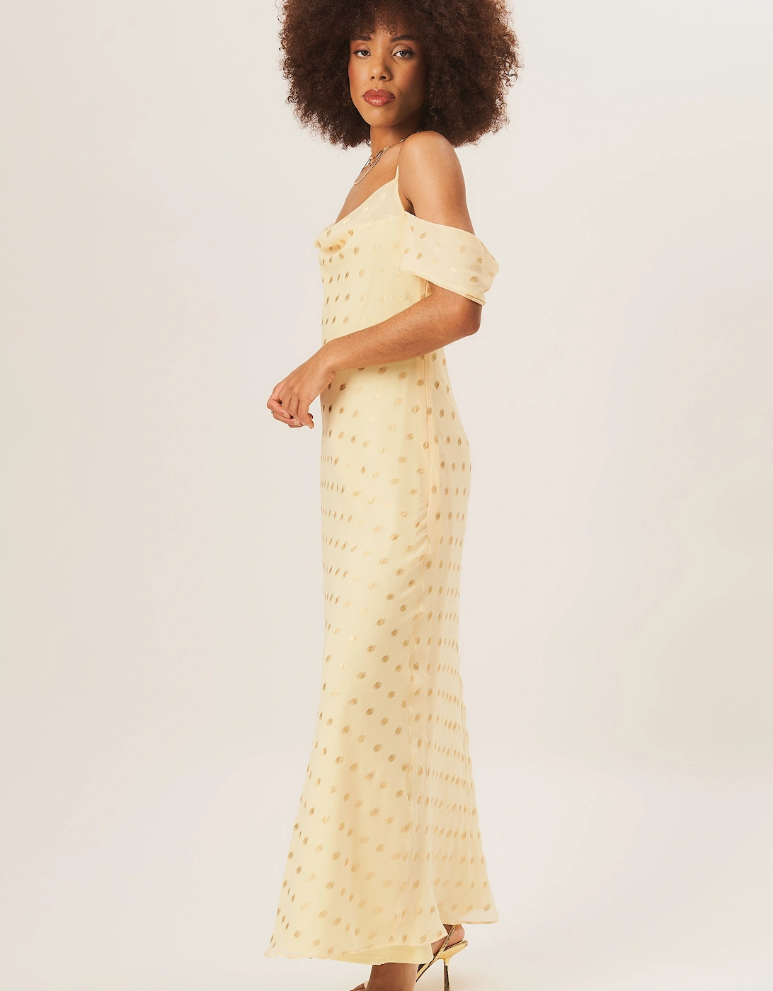 Yellow Cowl Neck Drop Sleeves Foil Maxi Dress