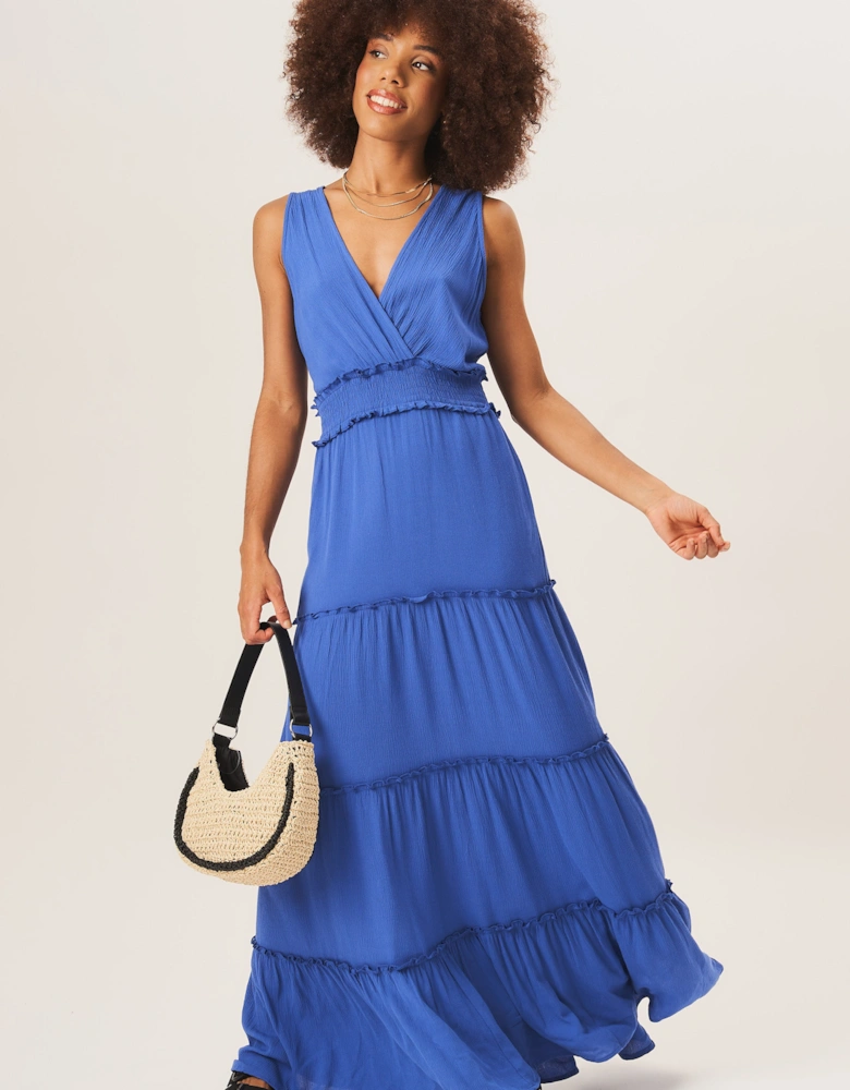 Blue Shirred Waist Wrap Tiered Midi Dress