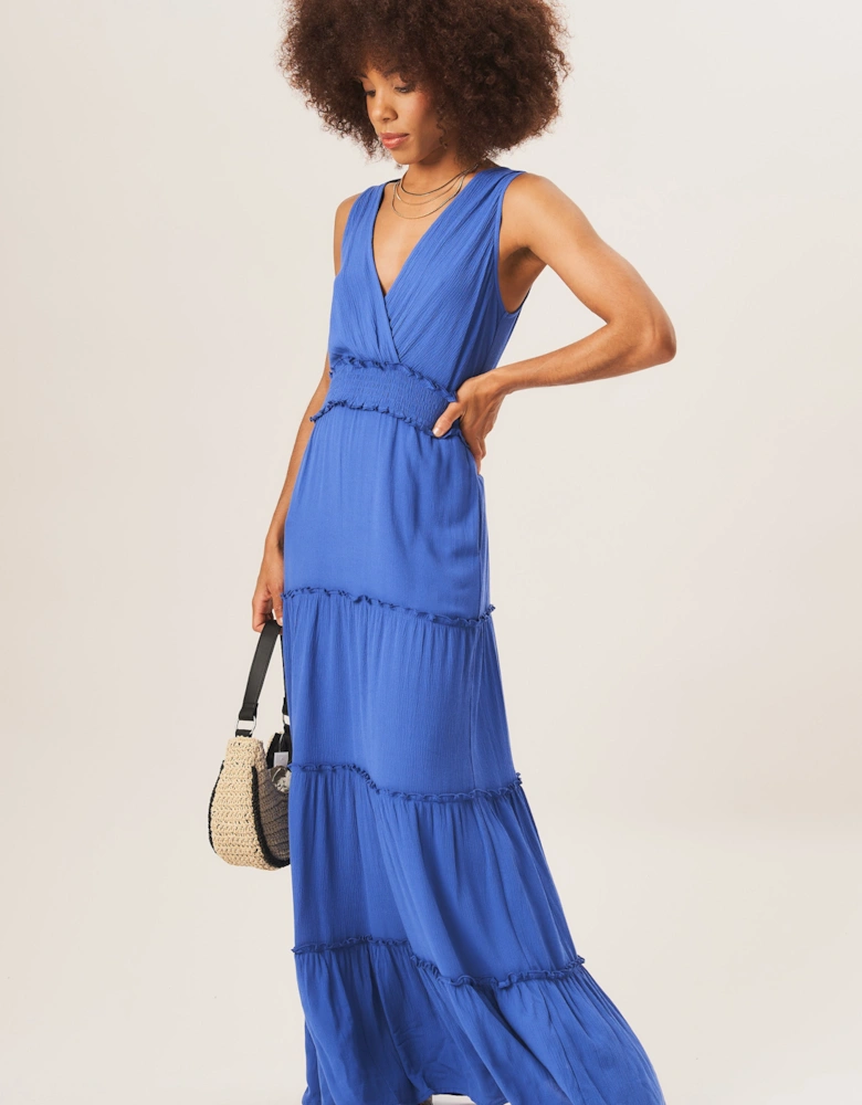 Blue Shirred Waist Wrap Tiered Midi Dress
