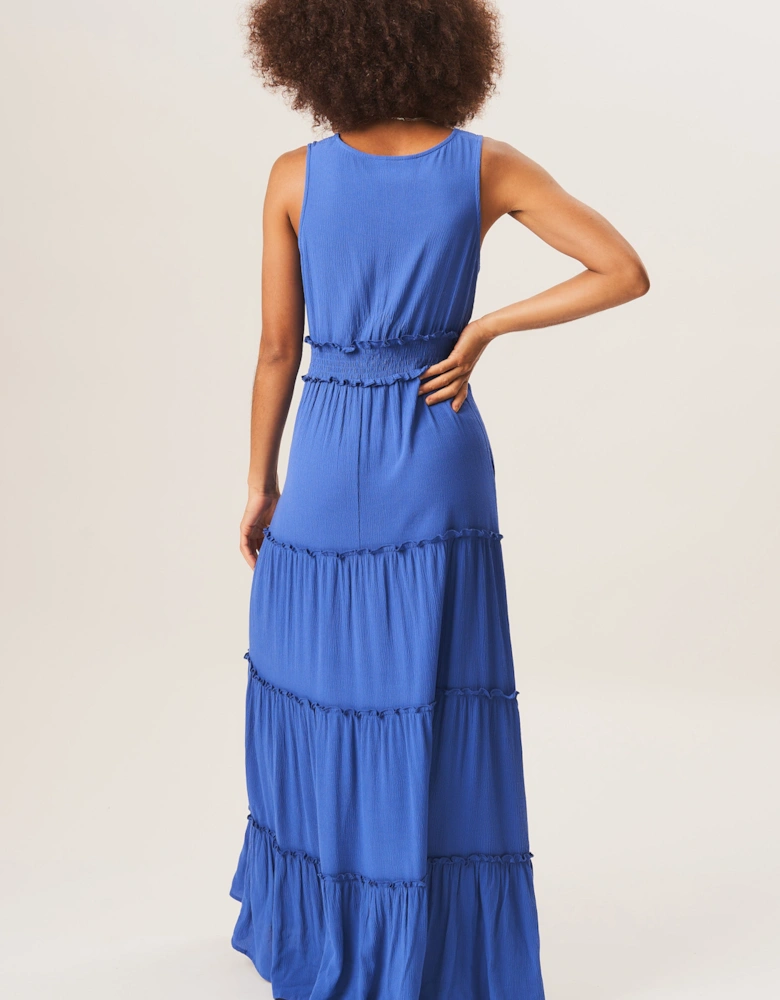 Blue Shirred Waist Wrap Tiered Midi Dress