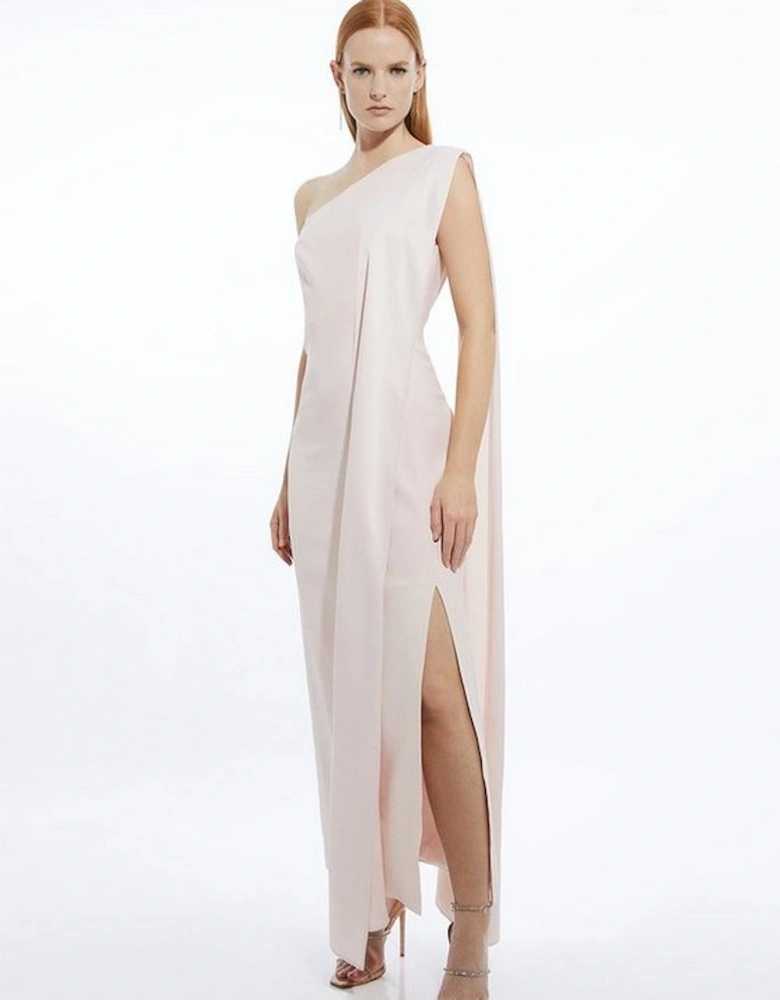 Petite Viscose Satin Back Crepe Tailored One Shoulder Cape Maxi Dress