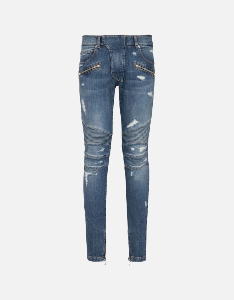 Vintage Wash Biker Denim Jeans Blue