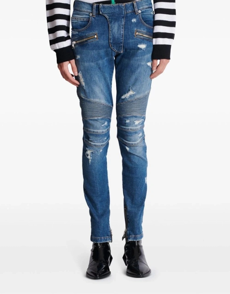 Vintage Wash Biker Denim Jeans Blue